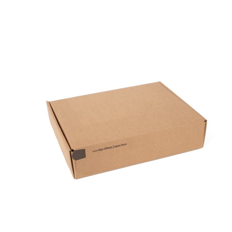 Klappschachtel aus Wellpappe mit Selbstklebeverschluss und Aufreißfaden, ideal für den Versand. Klappschachtel aus Wellpappe mit Selbstklebeverschluss und Aufreißfaden, ideal für den Versand.